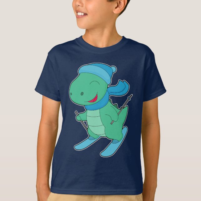 T-shirt Dinosaur Skier Ski Sports d'hiver (Devant)