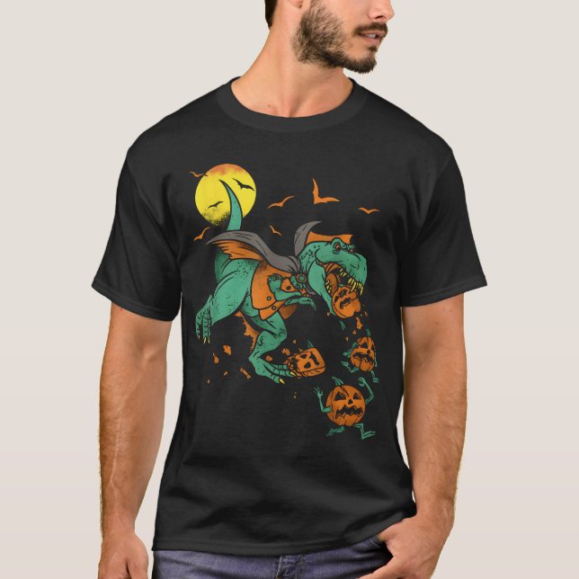 T-shirt Dinosaur T Rex Boo Halloween Garçons Citrouille (Devant)