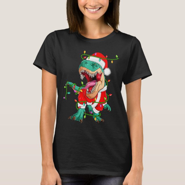 T-shirt Dinosaur T-rex Christmas Lights Funny Santa Cute A (Devant)