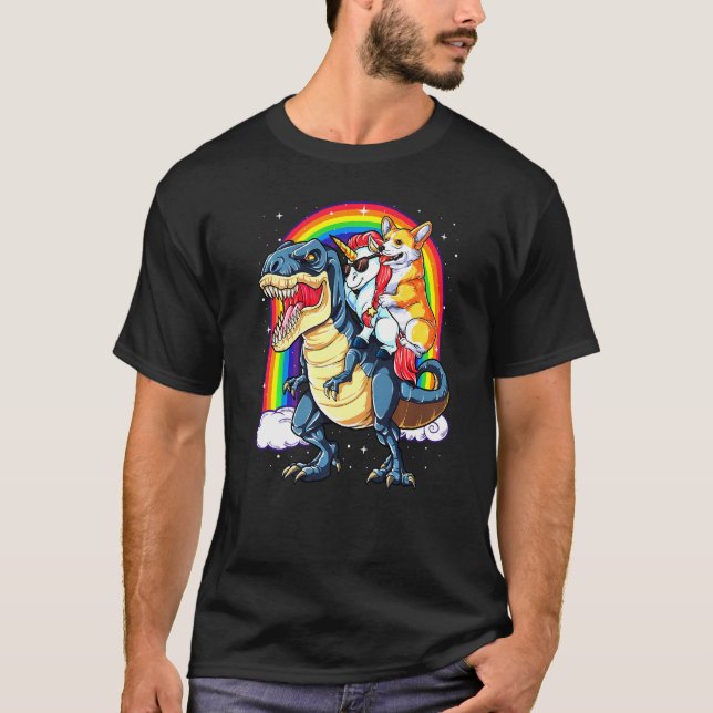 T-shirt Dinosaur T Rex Garçons Filles Rainbow Corgi (Devant)
