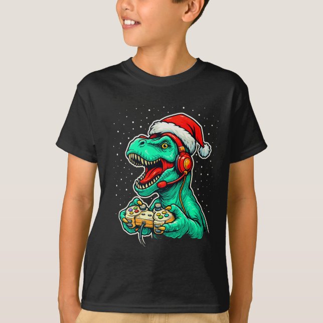 T-shirt Dinosaur T Rex Playing Video Game Santa Hat Christ (Devant)