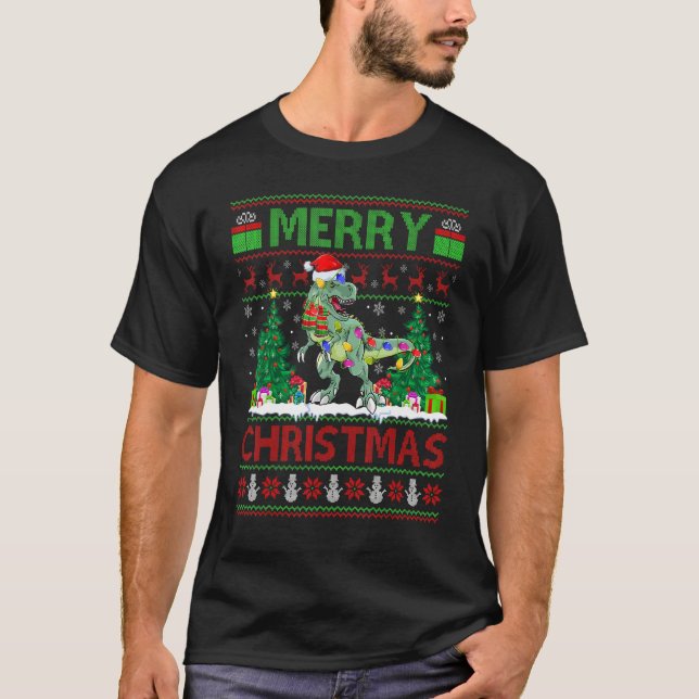 T-shirt Dinosaur   Xmas Tree Light Ugly Santa Dinosaur Chr (Devant)