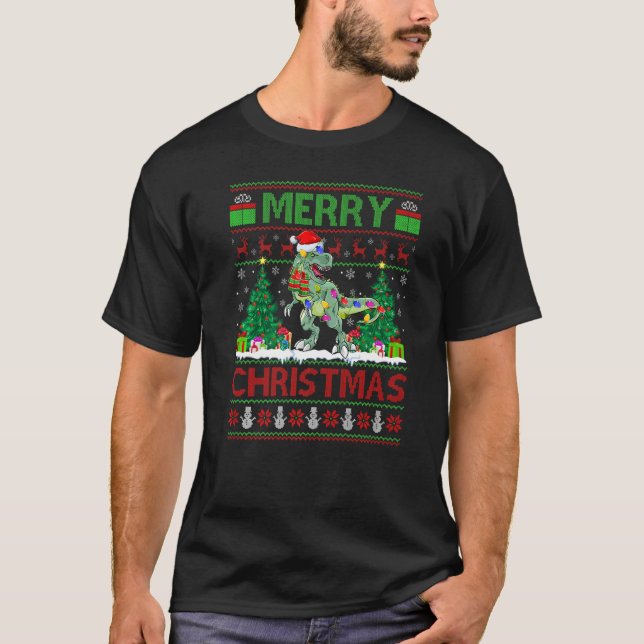 T-shirt Dinosaur  Xmas Tree Light Ugly Santa Dinosaur Chri (Devant)