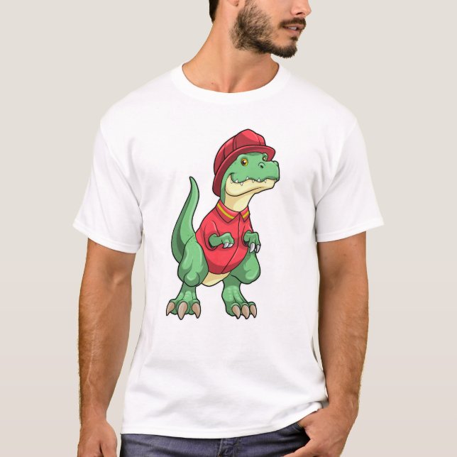 T-shirt Dinosaure comme pompier avec casque d'incendie (Devant)