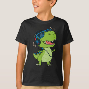 T-shirt dinosaure cool à l'écoute de la musique