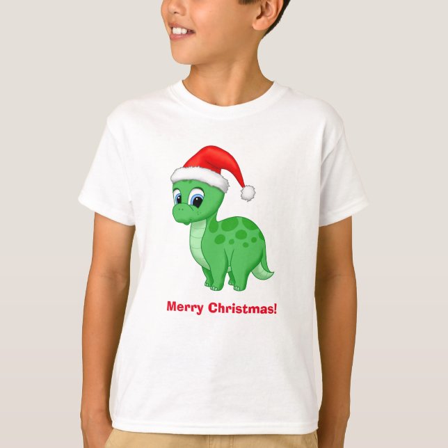 T-shirt Dinosaure de bébé vert mignon avec Santa Hat (Devant)