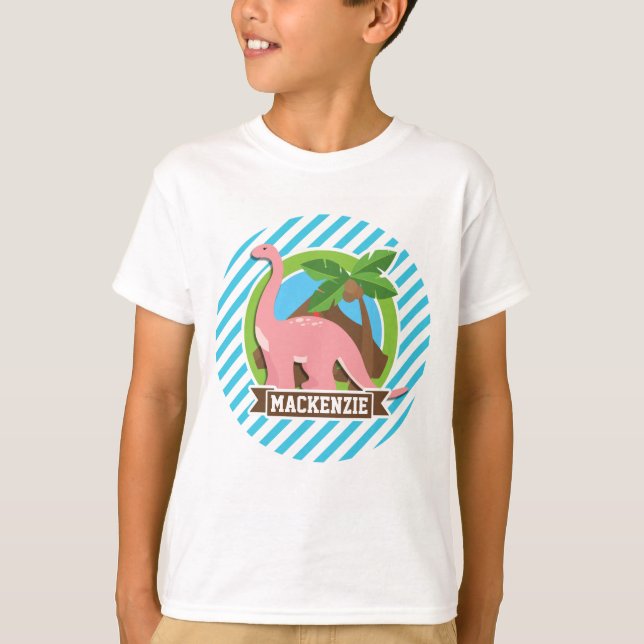 T-shirt Dinosaure rose; Bleu & Blancs (Devant)