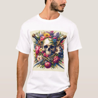 T-shirt Diseño de Calaveras, Flores y Espadas 
