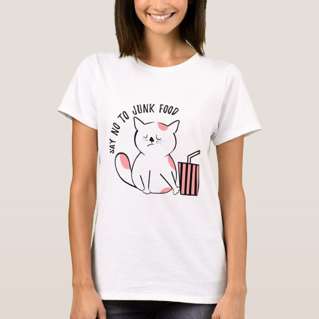 T-shirt Dites non à la malbouffe - humour chat (Devant)