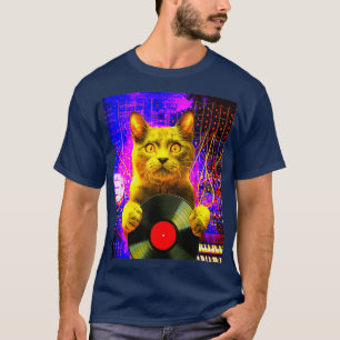T-shirt Dj Cat Sur Synthétiseur Dans L'Espace Vinyl Record