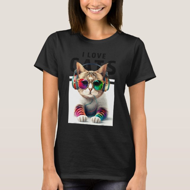 T-shirt DJ Chat avec lunettes de soleil style Cool Casque  (Devant)