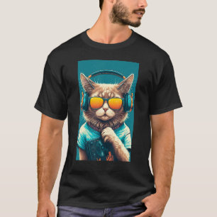 T-shirt DJ Vintage 80s Chat Kitten Avec Lunettes De Soleil