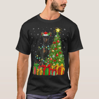 T-shirt Doberman Chien Éclairage Xmas Arbre Santa Chapeau 