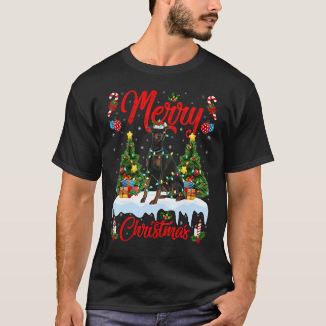 T-shirt Doberman Dog illumine Xmas Tree Père Noël Doberman (Devant)