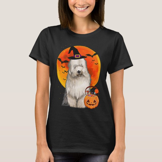 T-shirt Dog Halloween Old English Sheepdog Jack O Lantern  (Devant)