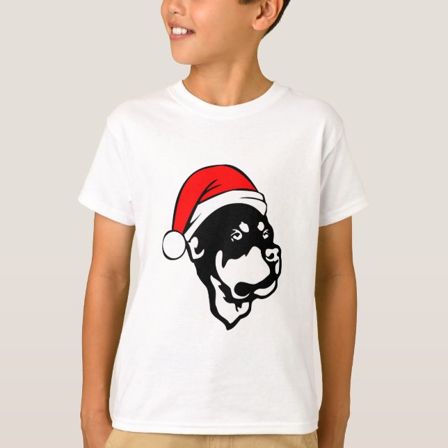 T-shirt Doigt Rottweiler portant le chapeau de Noël rouge (Devant)