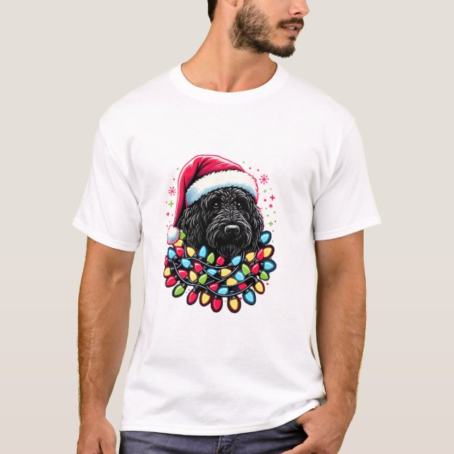 T-shirt Doodle noir Labradoodle Noël Arbre de Noël Lumière (Devant)