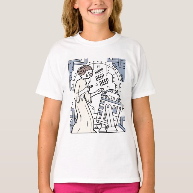 T-shirt Doodle Sketch Leia & R2-D2 sur Death Star (Devant)