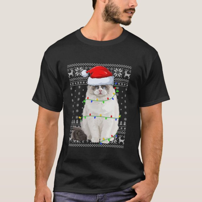 T-shirt Doux moche lumières Noël chapeau Ragdoll Chr Chat (Devant)