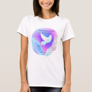 T-shirt Dove blanche avec plumes roses et bleues
