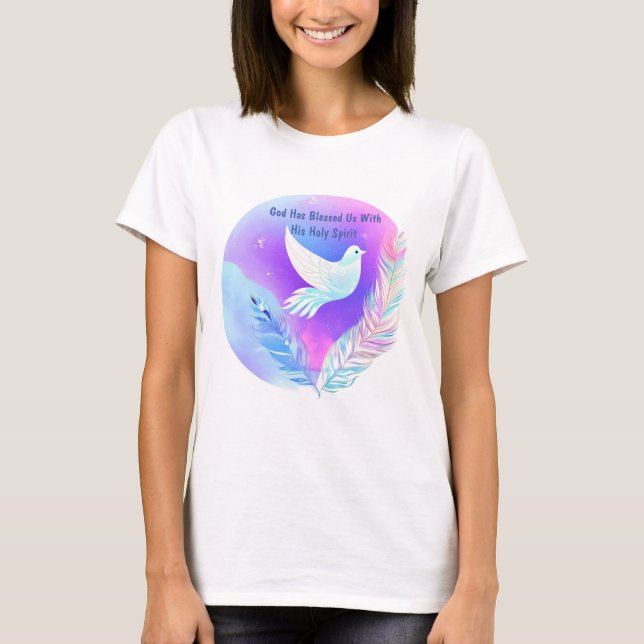 T-shirt Dove blanche avec plumes roses et bleues (Devant)