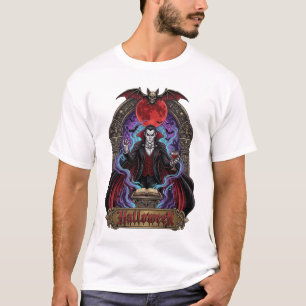 T-shirt Dracula Halloween Lune Rouge Chauves-Souris Crâne_