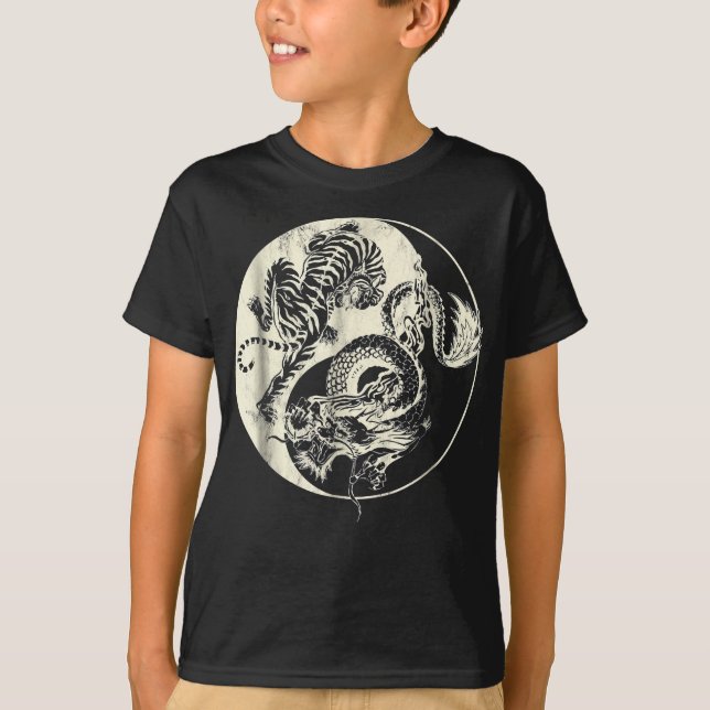 T-shirt Dragon Avec Tigre Tattoo YIN Et Yang Beast Combat (Devant)
