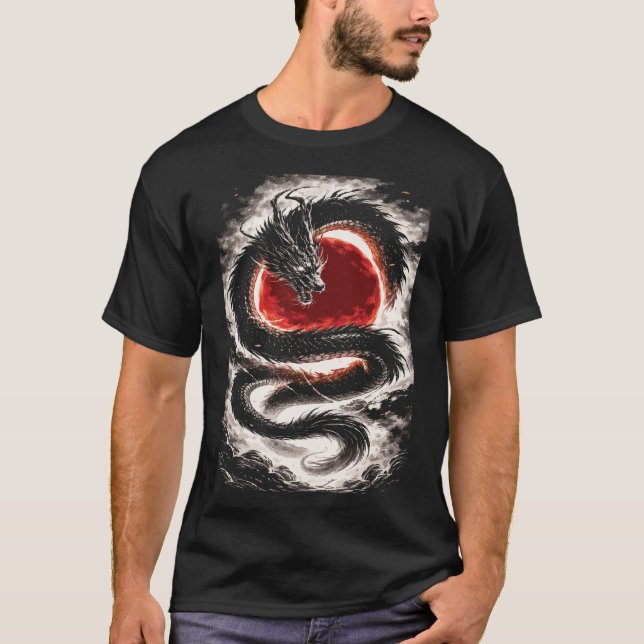 T-shirt Dragon Coil over a Red Eclipse - Japanese Art (Devant)