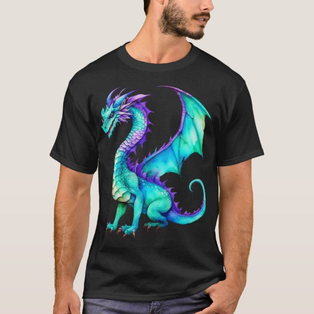 T-shirt Dragon d'aquarelle violet et Turquoise (Devant)
