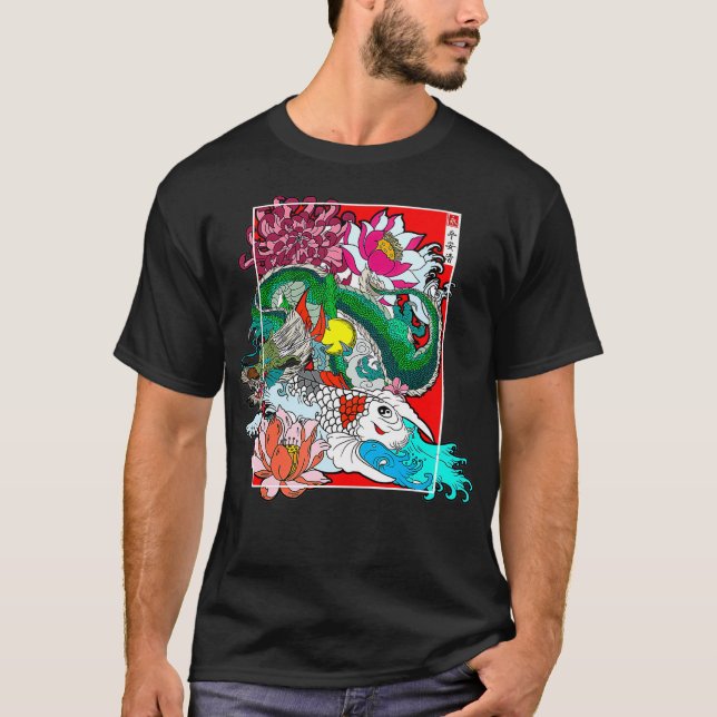 T-shirt Dragon japonais Koi Carp Nishikigoi Fleurs (Devant)