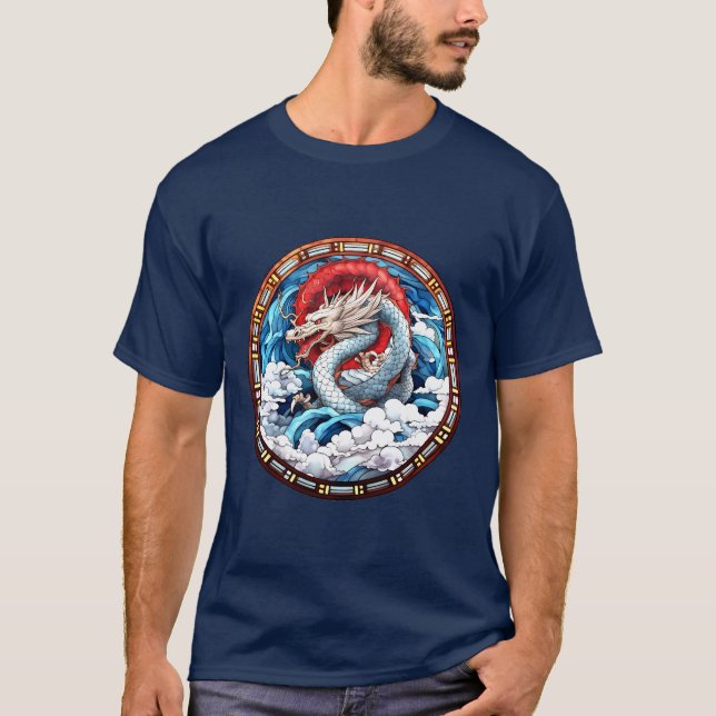 T-shirt Dragon mythique asiatique en rouge et bleu (Devant)