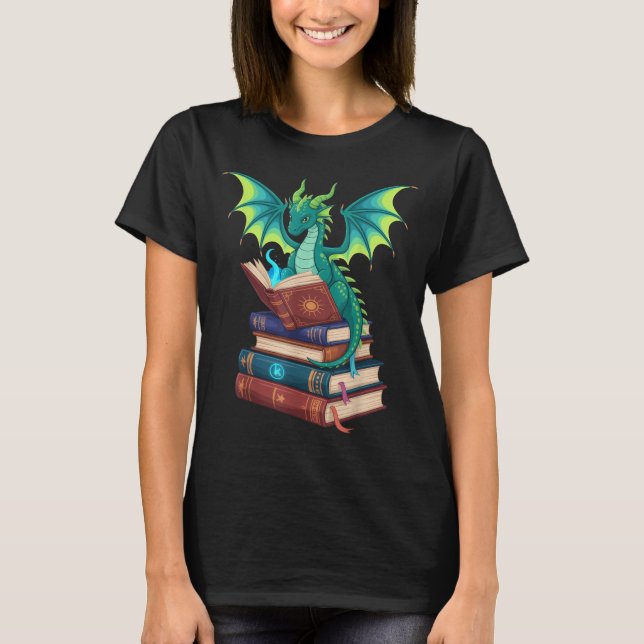 T-shirt Dragon Reading Books Fantasy Lovers Mythical Creat (Devant)