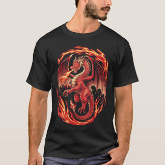 T-shirt Dragon Rouge Mythique Respirant du Feu Sur Nuages