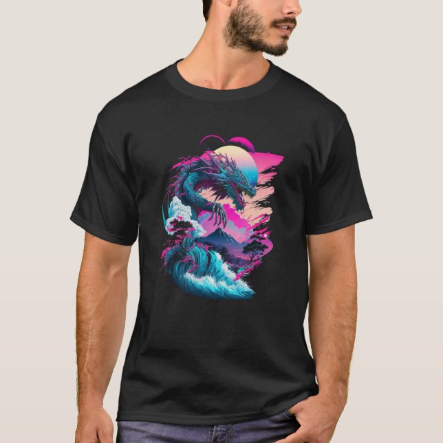 T-shirt Dragon Vaporwave Abstract Landscape Moon Tree Wate (Devant)
