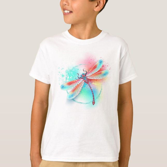 T-shirt Dragonfly rouge sur l'arrière - plan aquarelle (Devant)
