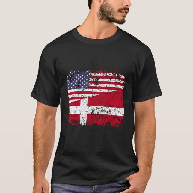 T-shirt Drapeau à moitié américain des racines danoises Da (Devant)