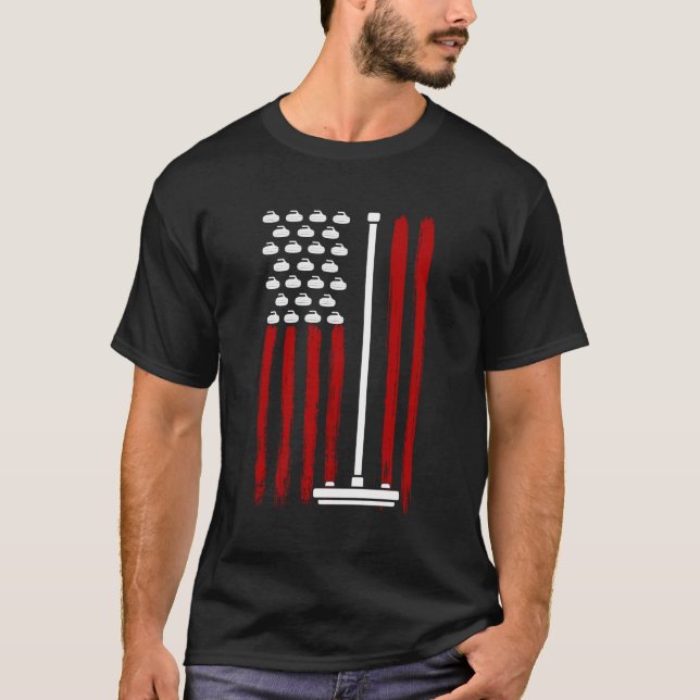 T-shirt Drapeau Américain 4E Juillet Joueur De Curling Win (Devant)