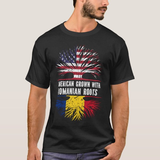 T-shirt Drapeau américain avec racines roumaines USA (Devant)