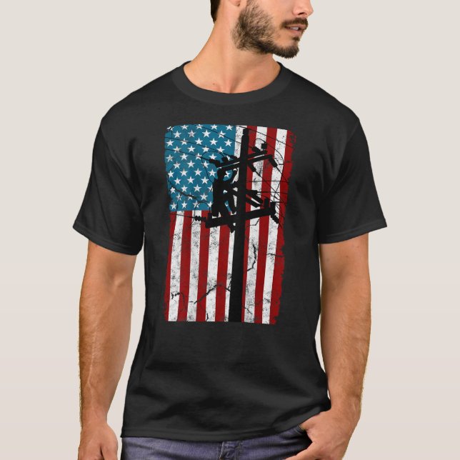 T-shirt Drapeau américain Câble électrique Silhouette Line (Devant)
