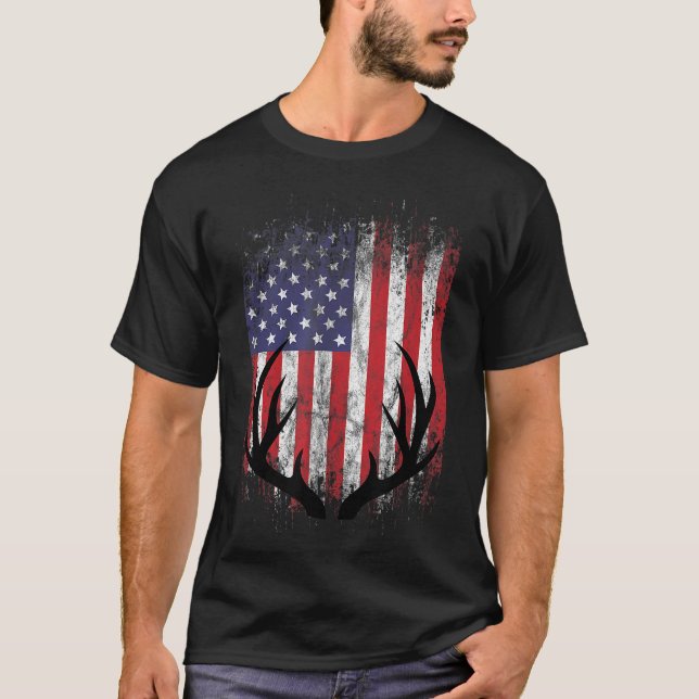 T-shirt Drapeau américain Chasse aux cerfs Buck Antlers (Devant)
