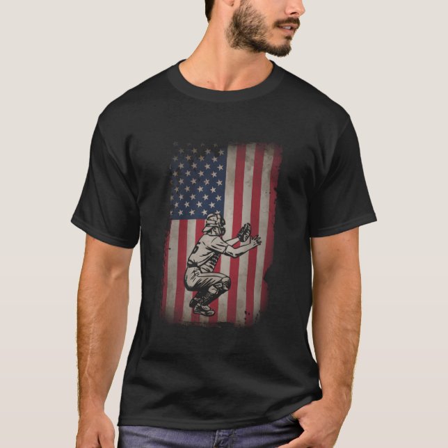 T-shirt Drapeau américain de baseball Catcher Patriotique (Devant)