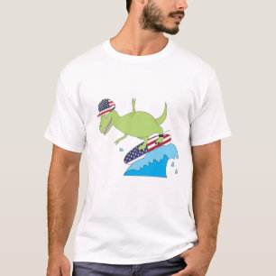 T-shirt Drapeau américain Dinosaur Surfing