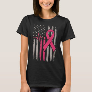 T-shirt Drapeau américain en détresse Ruban rose Cancer du