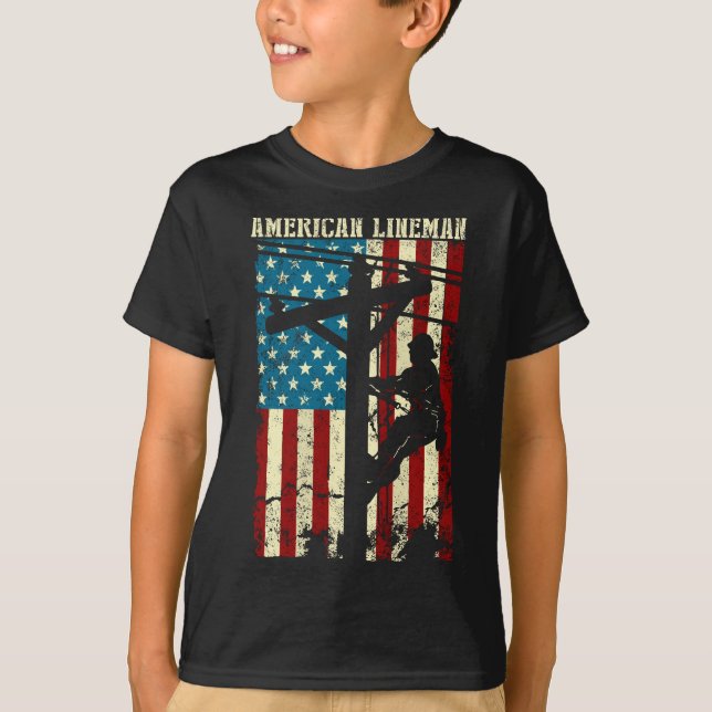 T-shirt Drapeau américain Lineman Cadeau de câble électriq (Devant)