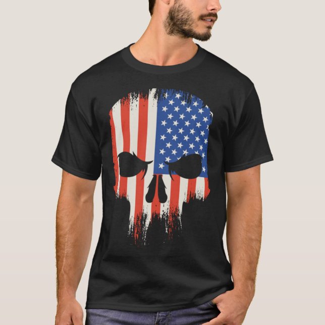 T-shirt Drapeau américain peur crâne déplaisant en colère (Devant)