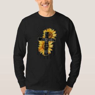 T-shirt Drapeau américain rétro tournesol Jésus croix foi 
