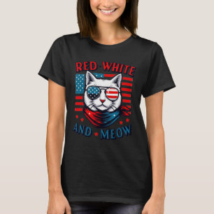 T-shirt Drapeau Américain Rouge Blanc Et Meow Chat 4 juill