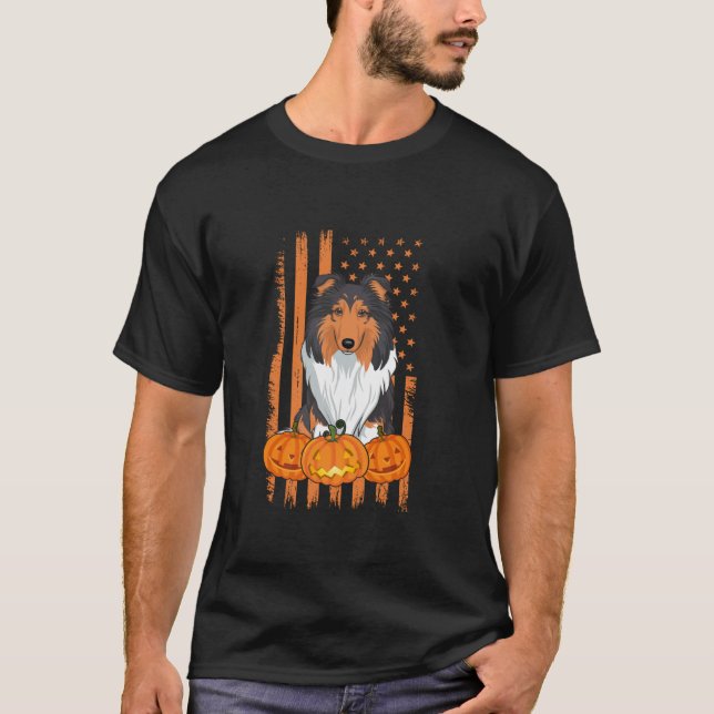 T-shirt Drapeau américain Rough Collie Chien Halloween pat (Devant)