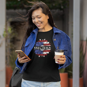 T-shirt Drapeau américain Tournesol avec nom Femme