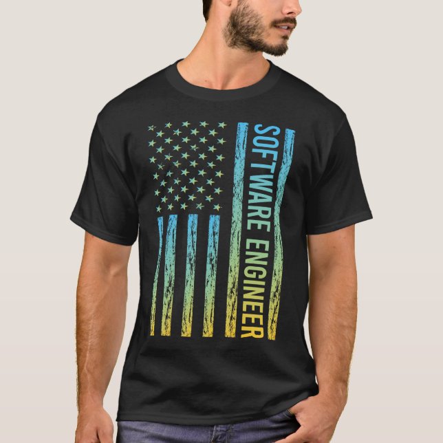 T-shirt Drapeau bleu jaune USA - Ingénieur logiciel (Devant)